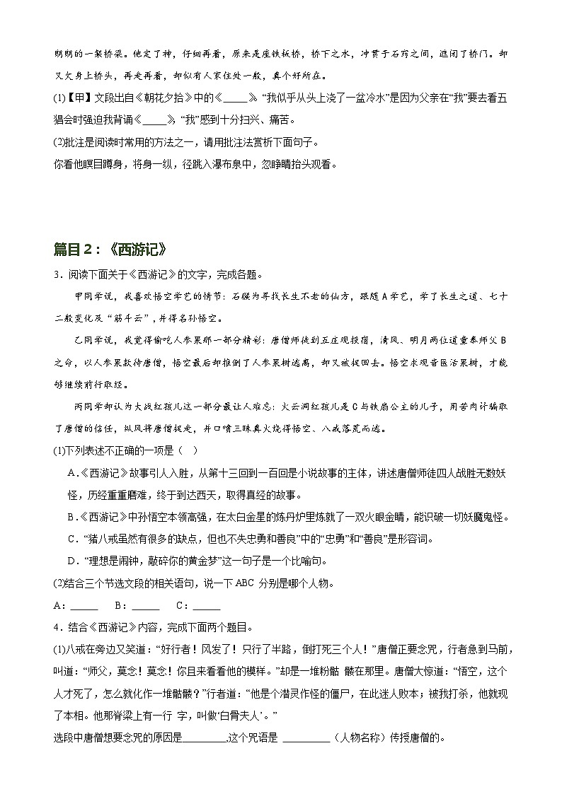 第36讲 七年级名著导读梳理(练习)-2024年中考语文一轮复习讲练测(全国通用)(原卷版)第3页