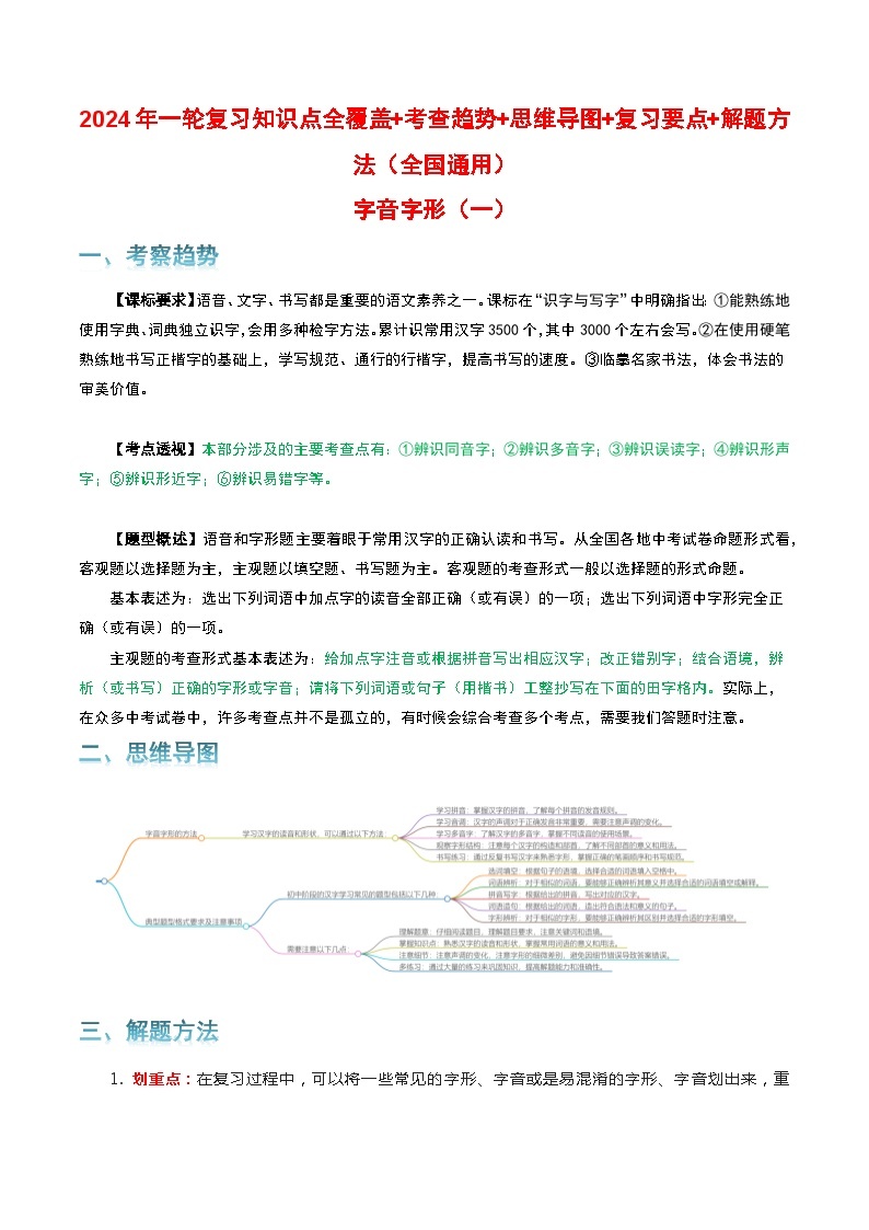 专题01 字音字形-2024年中考语文一轮复习知识点全覆盖+考查趋势+思维导图+复习要点+解题方法01