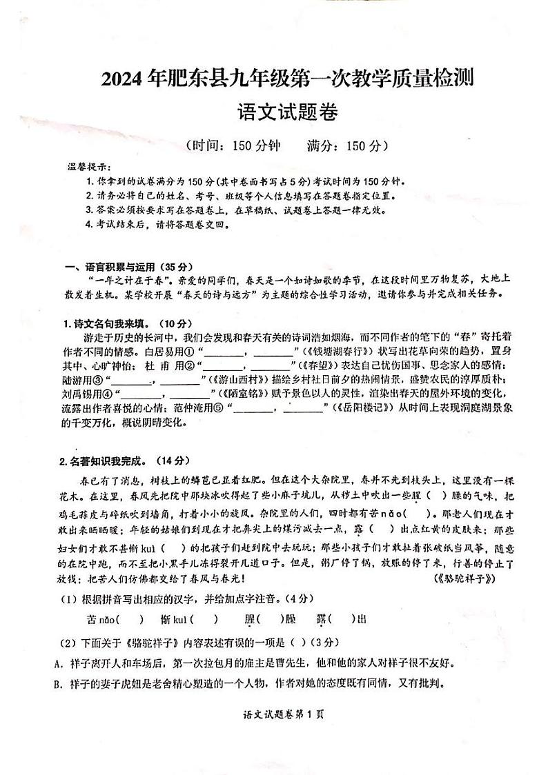 2024年安徽省合肥市肥东县中考一模语文试题第1页