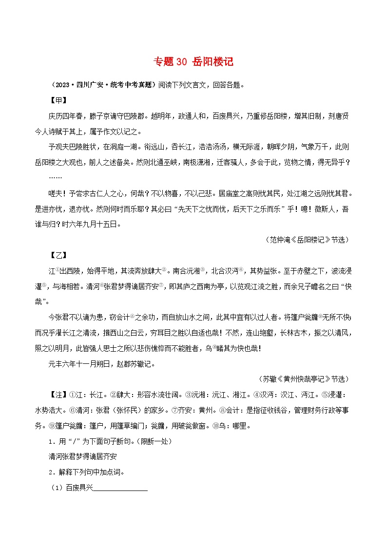 中考语文二轮复习 文言文对比阅读 专题30 岳阳楼记（含解析）