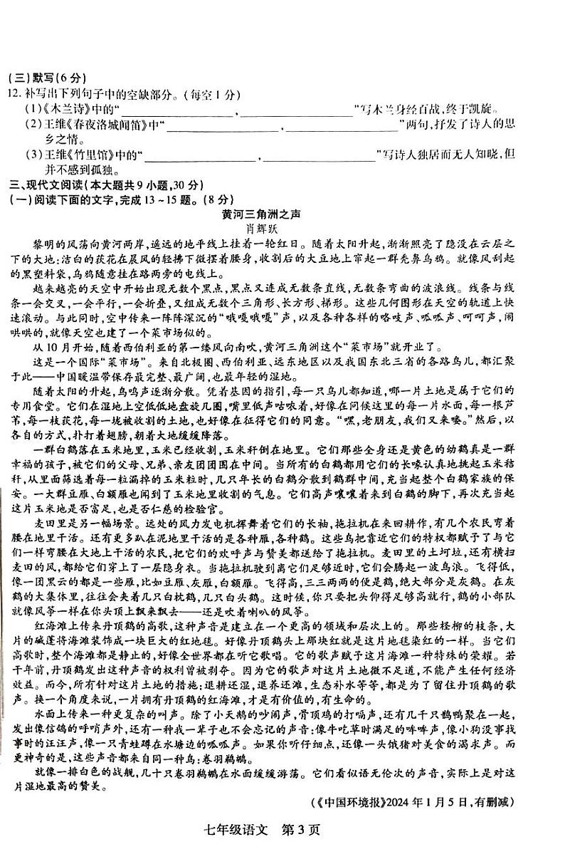 江西省新余市渝水区北京师范大学新余附属学校2023-2024学年七年级下学期3月月考语文试题03