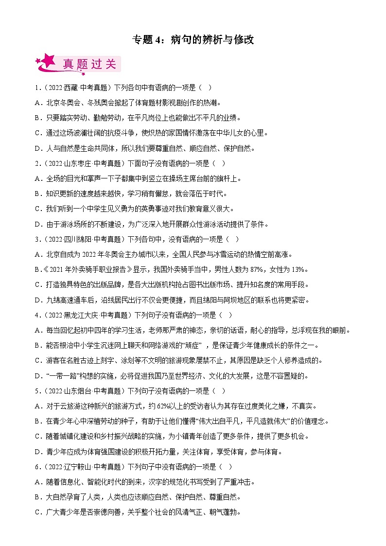 中考语文一轮复习考点习题精练专题04:病句的辨析与修改(含解析)01