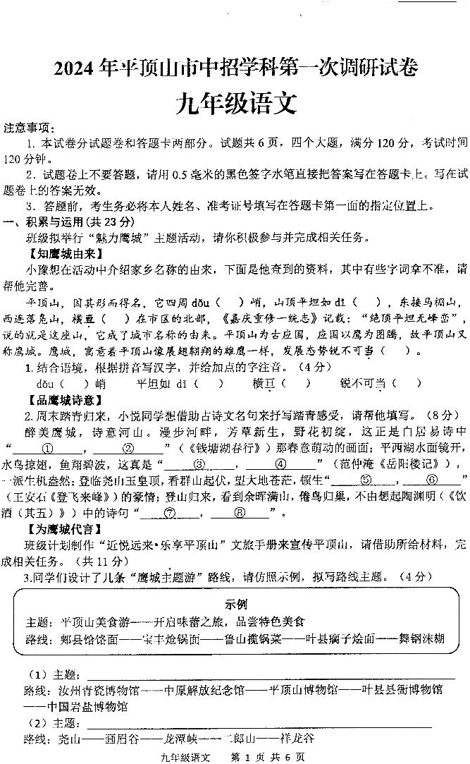 2024年河南省平顶山第一次调研考试九年级语文试题和答案