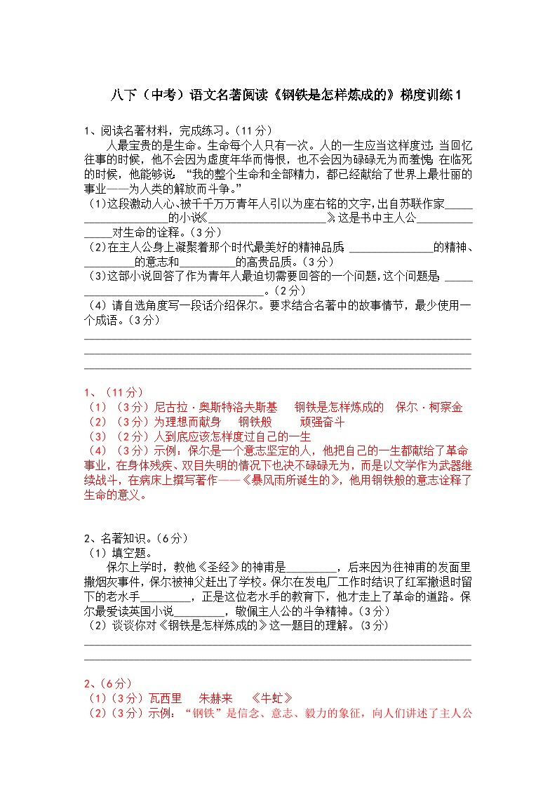 初中语文人教部编版八年级下册名著导读 《钢铁是怎样炼成的》：摘抄和做笔记同步达标检测题