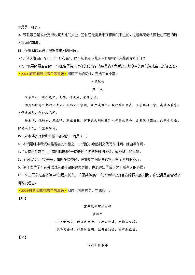 第8关:古诗鉴赏(原卷版)-2024年中考语文一轮复习题型专练第3页
