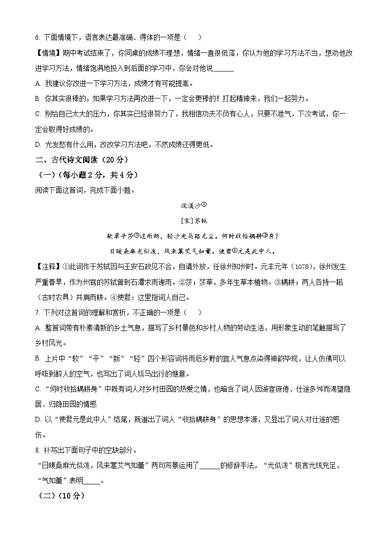 2024年江西省赣州市大余县部分学校中考二模语文试题(原卷版)第2页