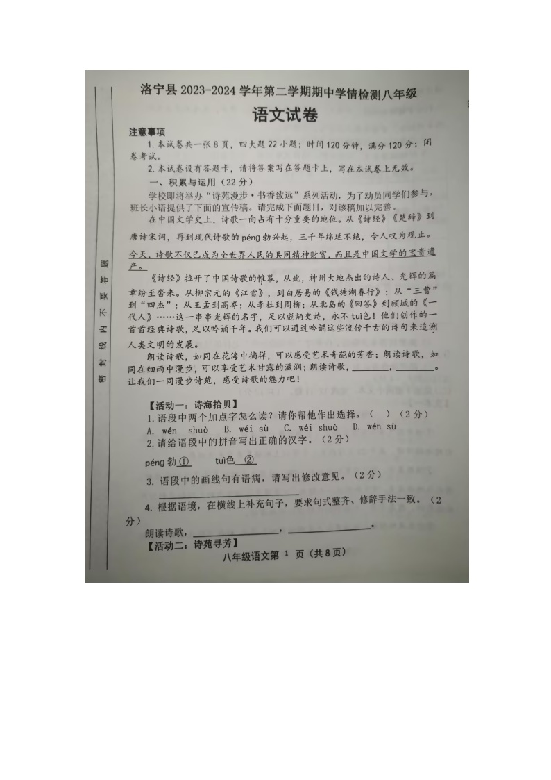 河南省洛阳市洛宁县2023-2024学年八年级下学期4月期中语文试题（图片版含答案）
