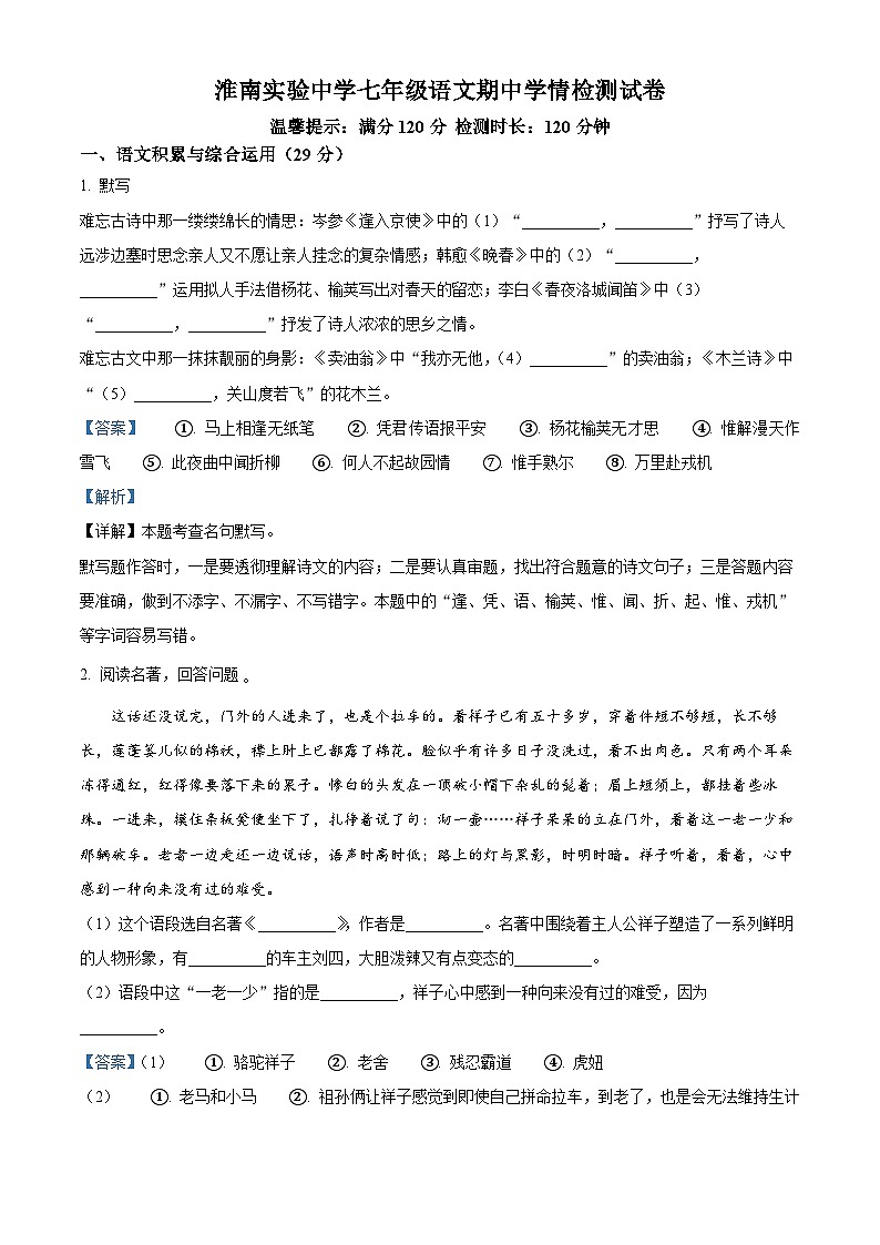 安徽省淮南实验中学2023~2024学年七年级下学期期中语文试题(原卷版+解析版)01