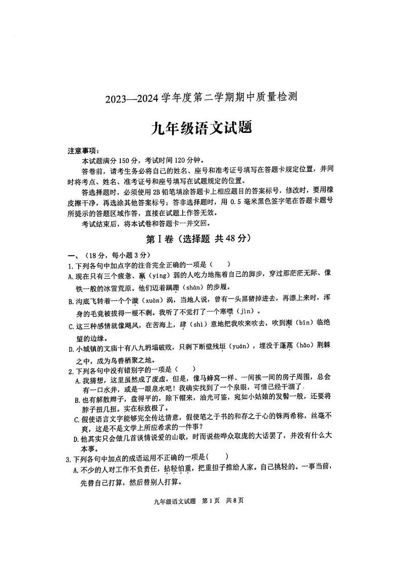 山东省泰安市宁阳县2023-2024学年九年级下学期期中考试语文试题01
