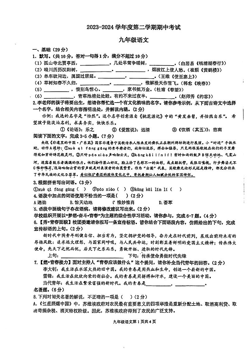 广东省汕头市潮阳实验学校2023-2024学年九年级下学期期中考试语文试题01