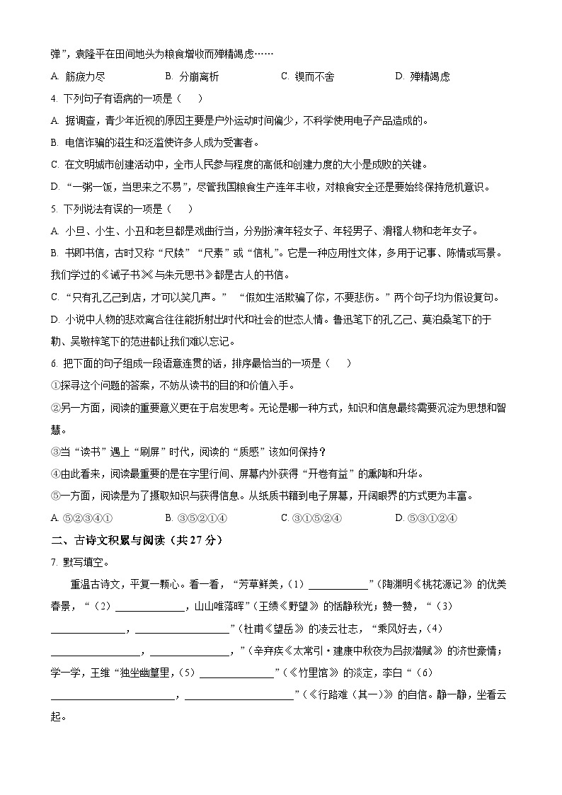 2024年山东省高青县中考一模语文试题（原卷版+解析版）02