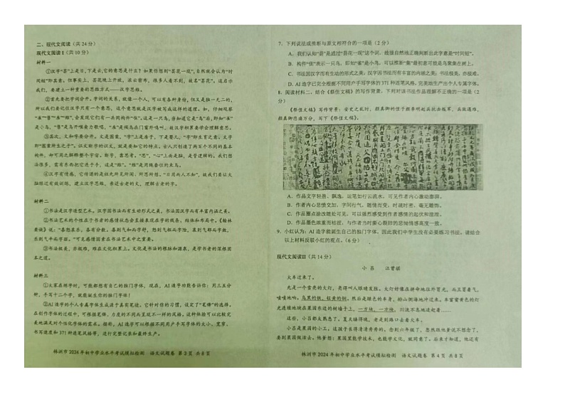 2024年湖南省株洲市初中学业水平考试模拟检测语文试题卷第2页