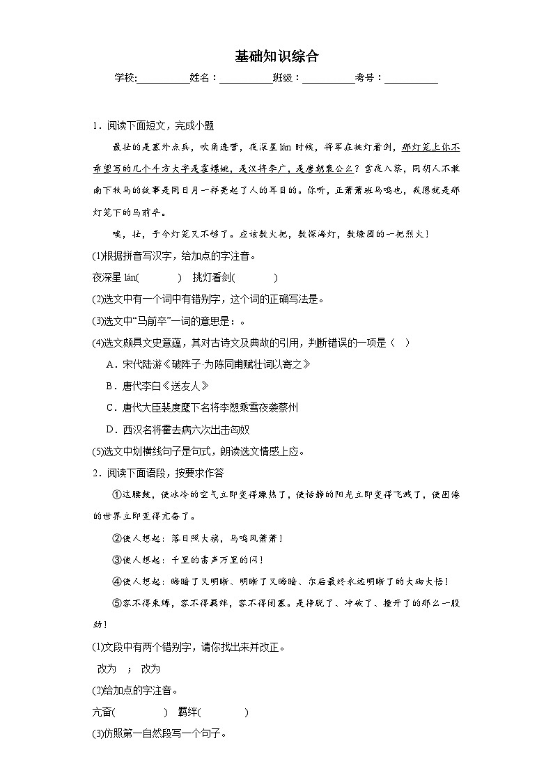 專題09  基礎(chǔ)知識綜合期中專項練習(xí)試題  部編版語文八年級下冊（原卷版）第1頁