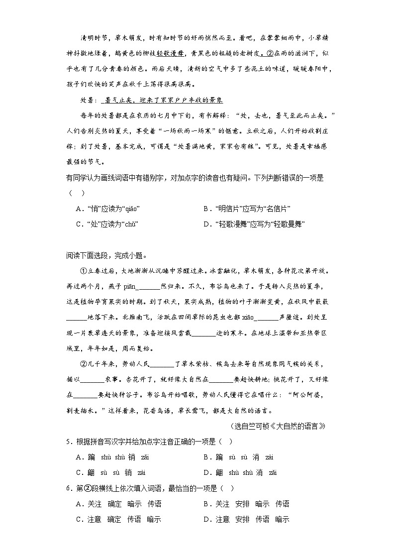 專題09  基礎(chǔ)知識綜合期中專項練習(xí)試題  部編版語文八年級下冊（原卷版）第3頁