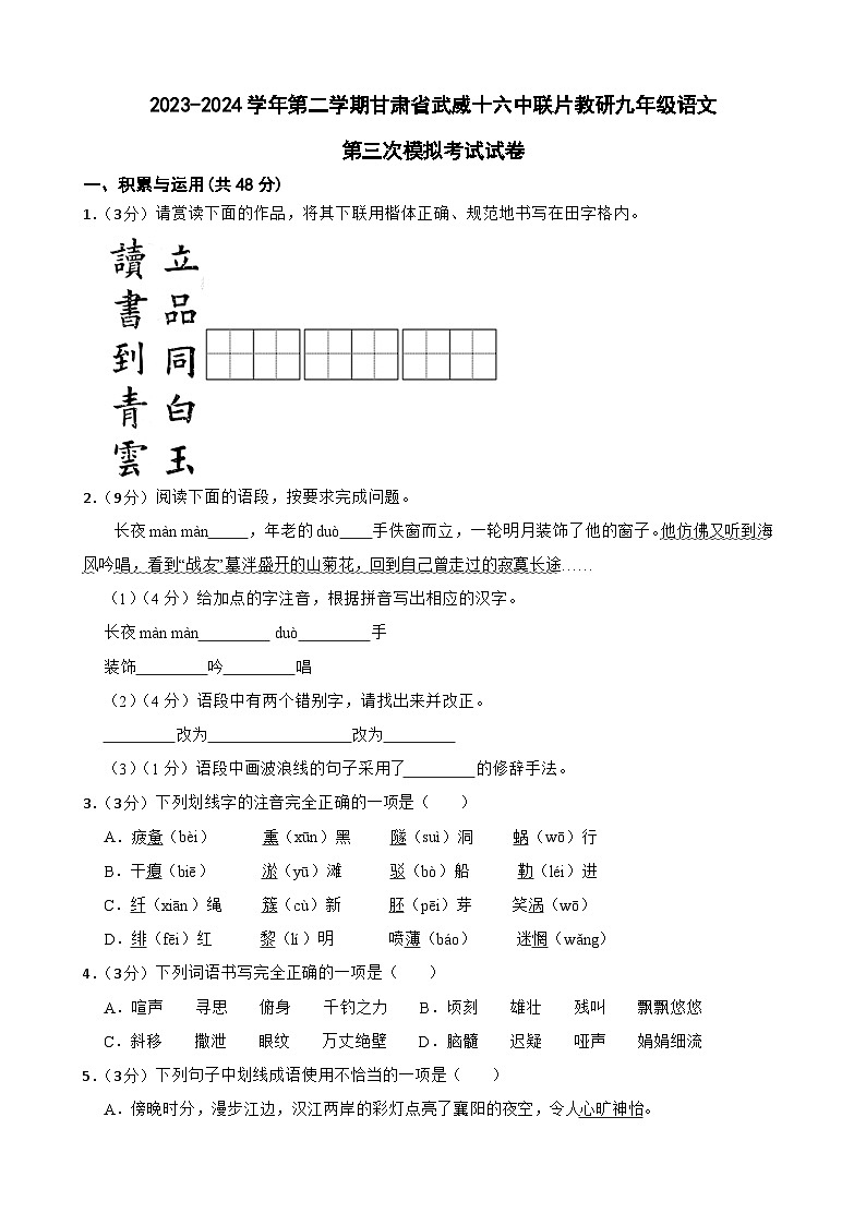 2024年甘肃省武威市凉州区武威十六中教研联片中考三模语文试题01