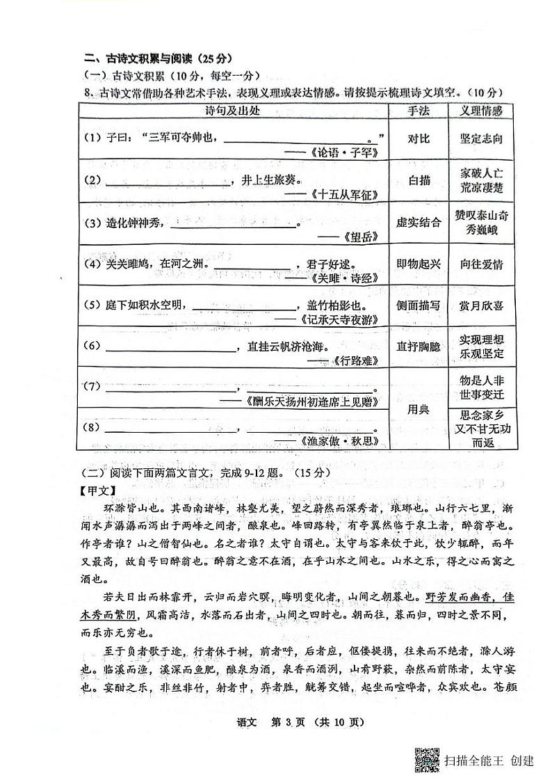 2024年重庆市鲁能巴蜀中学中考一模语文试题03