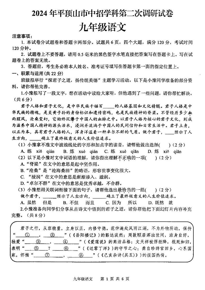 2024年河南省平顶山市九年级中招二模语文试题及参考答案01