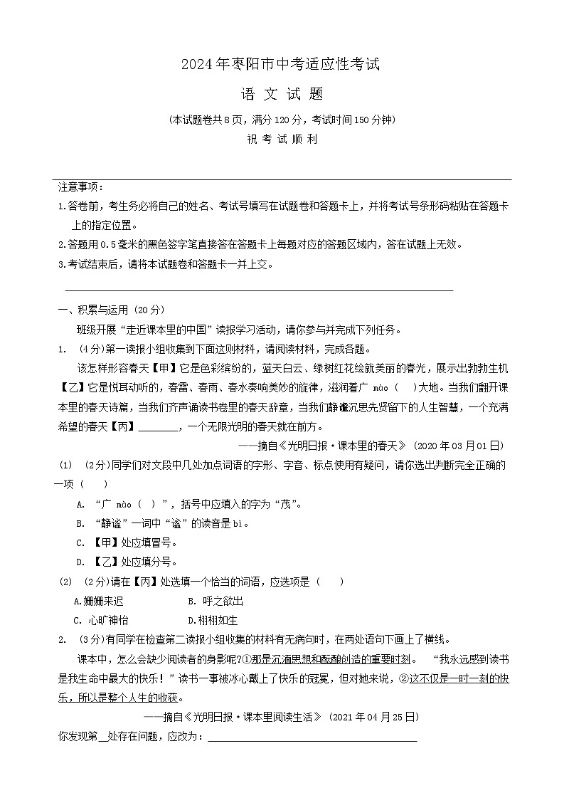 2024年湖北省枣阳市中考适应性考试语文试题01