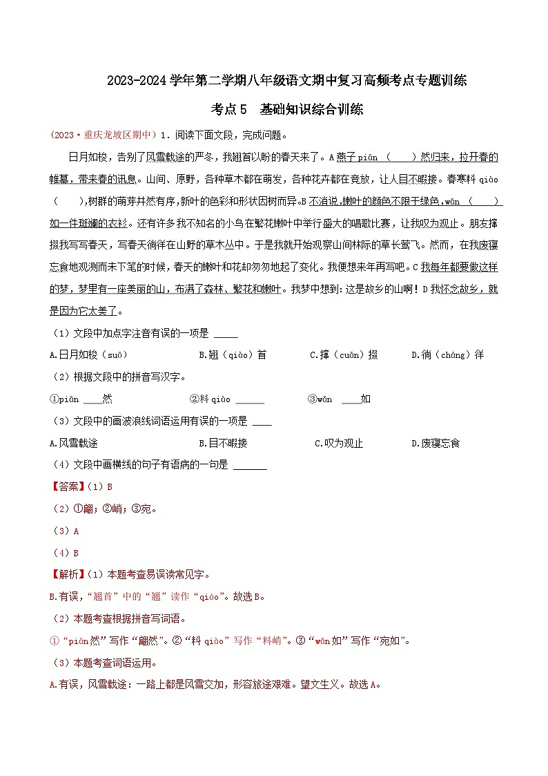 考点05 基础知识综合训练(解析版)第1页