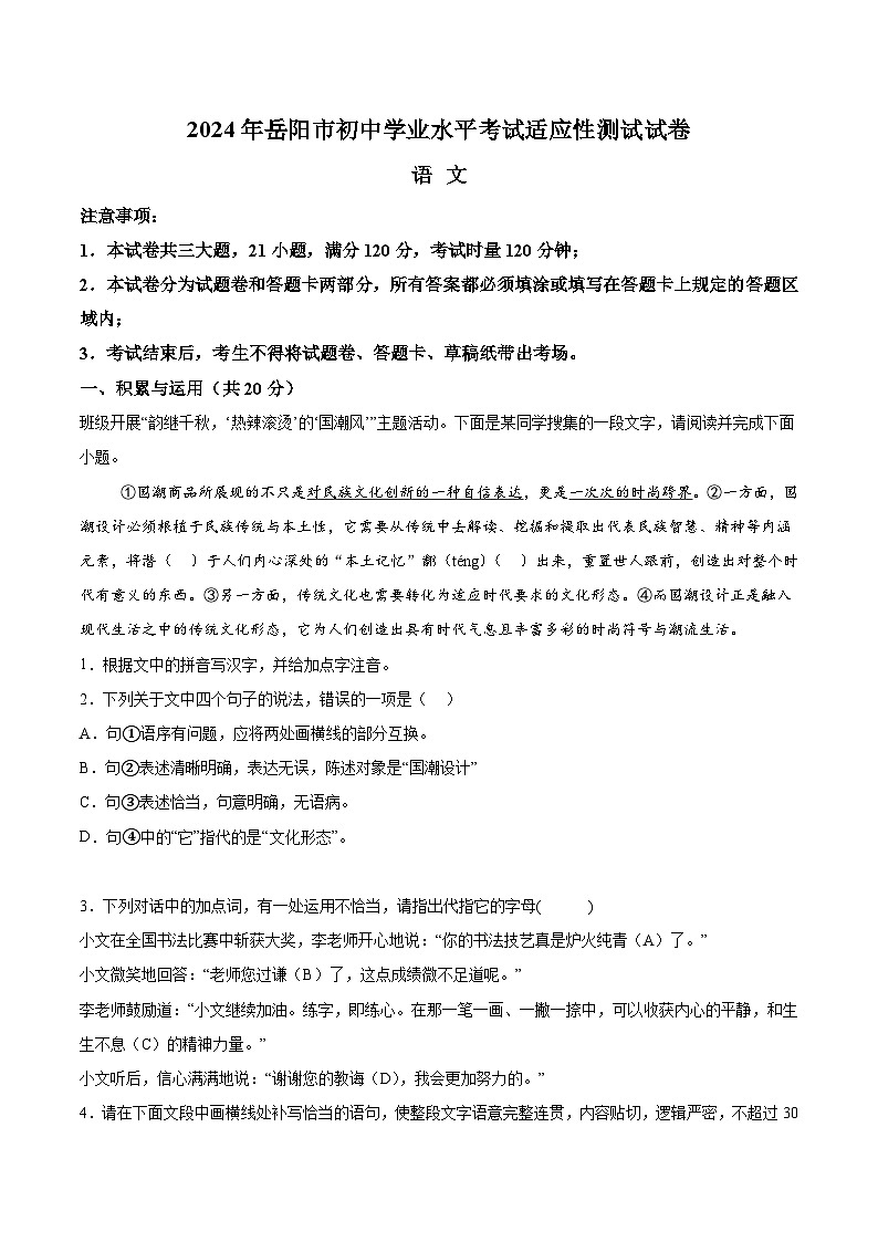 2024年湖南省岳阳市岳阳县中考一模语文试题(含解析)01