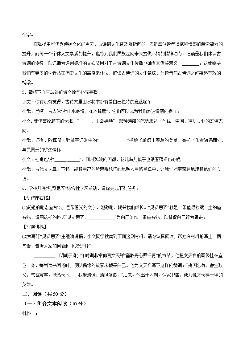 2024年湖南省岳阳市岳阳县中考一模语文试题(含解析)02