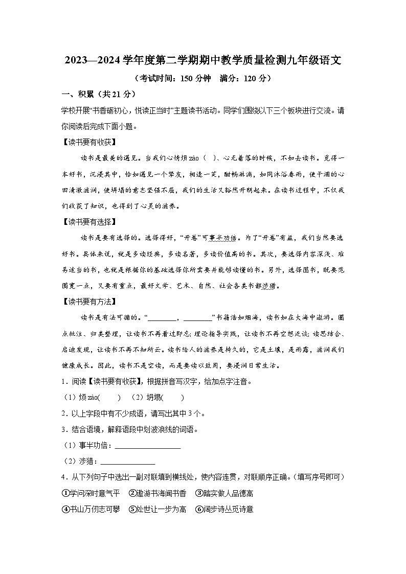 广西壮族自治区北海市合浦县2023-2024学年九年级下学期期中语文试题(含解析)01