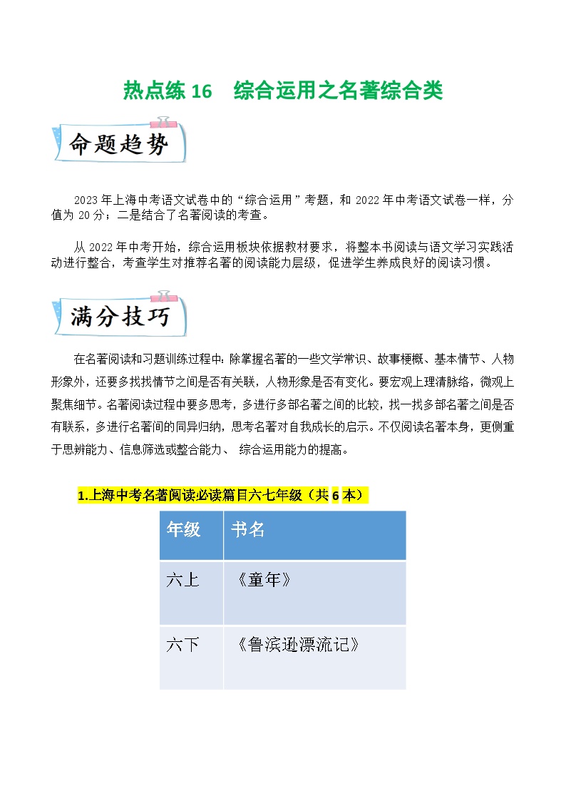 热点练16 综合运用之名著综合类-2024年中考语文专练（上海专用）