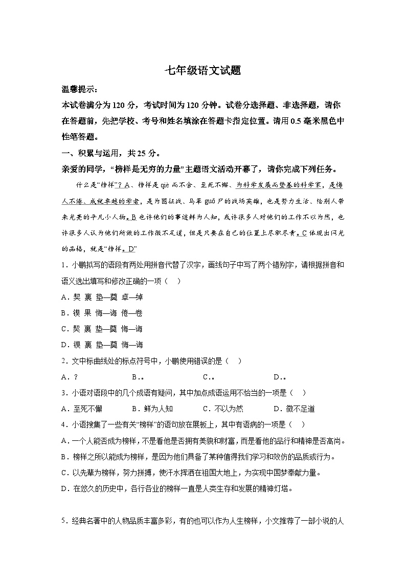 山东省菏泽市鲁西新区2023-2024学年七年级下学期期中 语文试题（含解析）