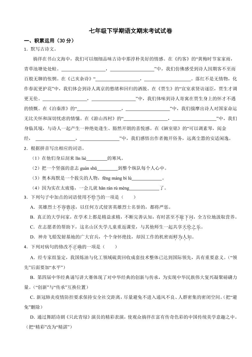 广东省兴宁市2024年七年级下学期语文期末考试试卷及答案