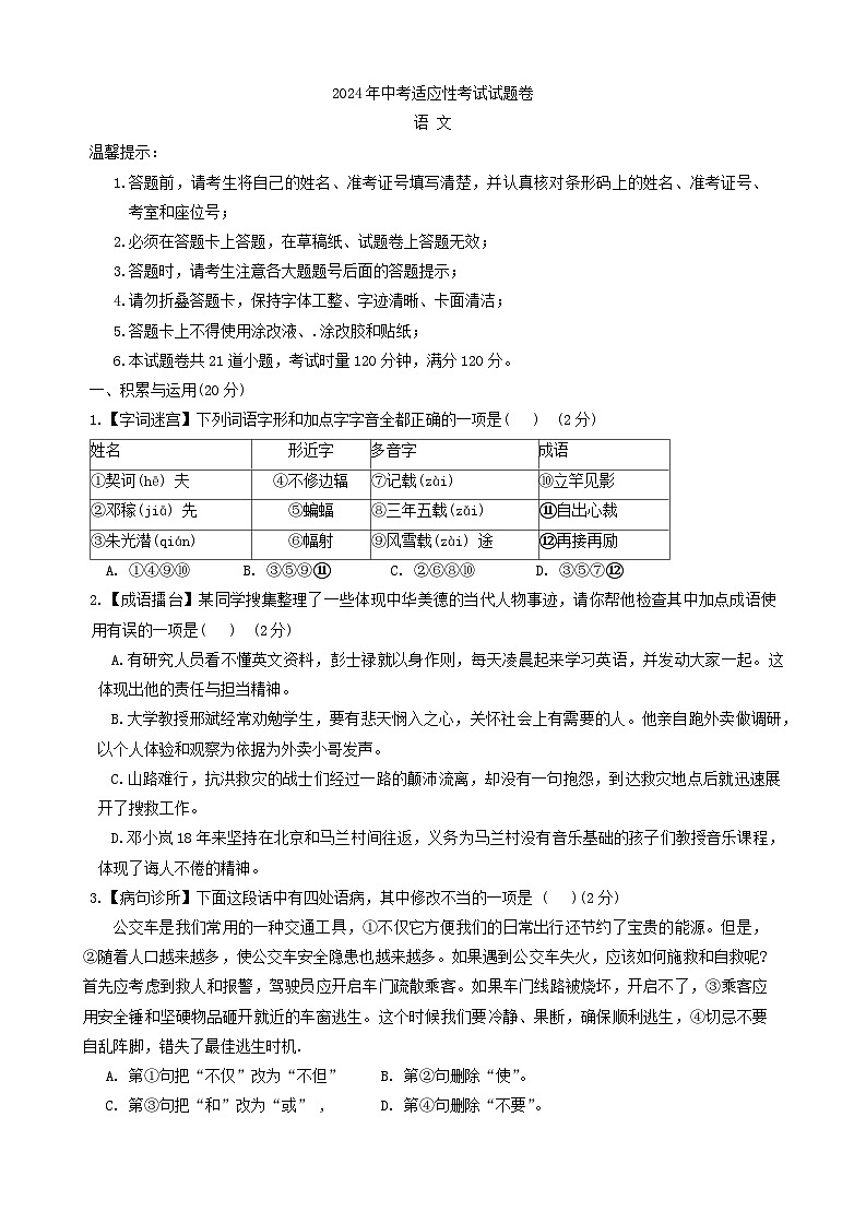 2024年湖南省邵阳市邵东市中考三模语文试题第1页