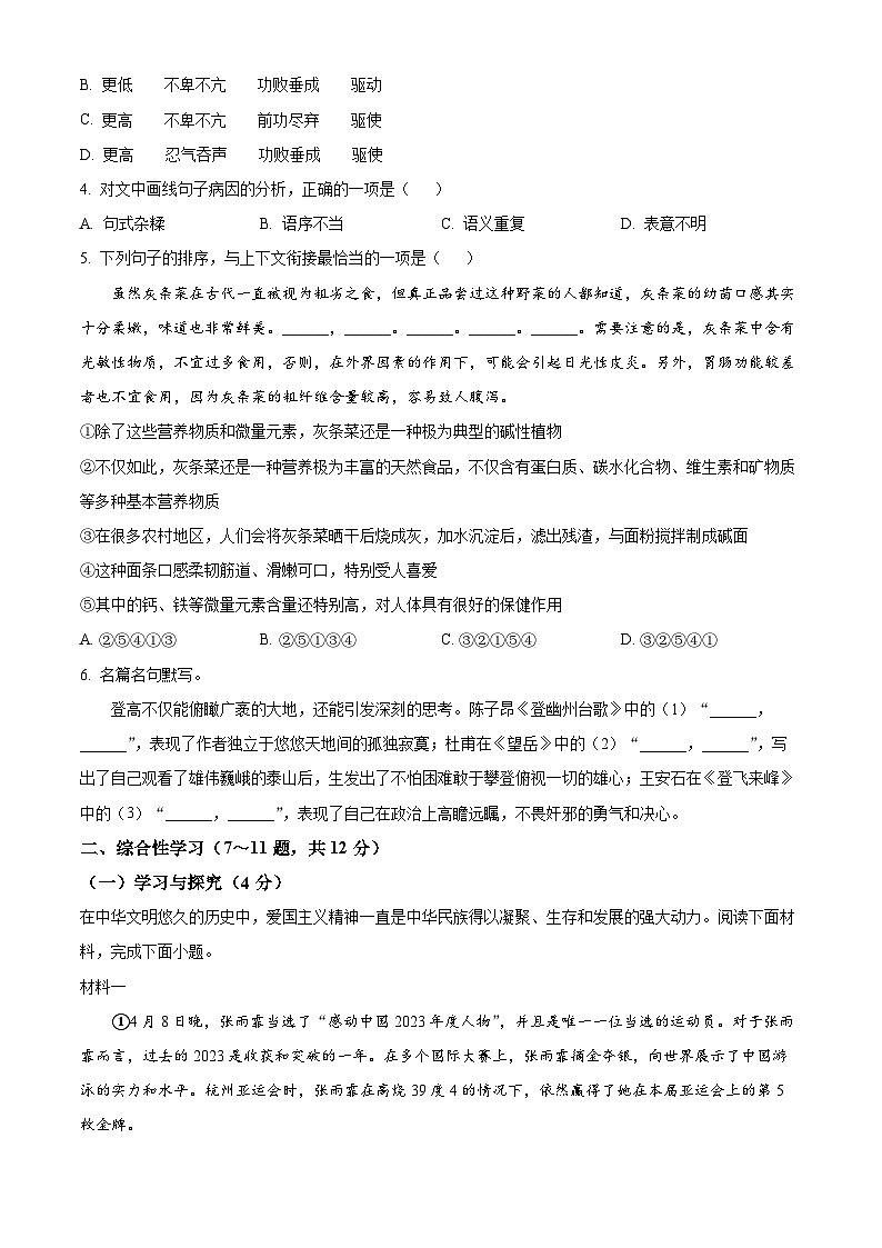云南省昭通市绥江县2023-2024学年七年级下学期期中语文试题(原卷版)第2页