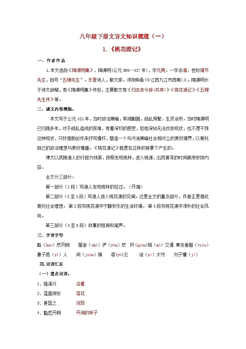 中考语文抢分秘籍专题24 八年级下册文言文知识点梳理(一)第1页