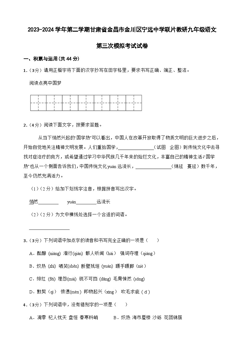 2024年甘肃省金昌市金川区宁远中学联片教研中考三模语文试题第1页