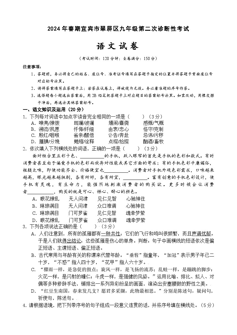 四川省宜宾市翠屏区中考二诊语文试卷01