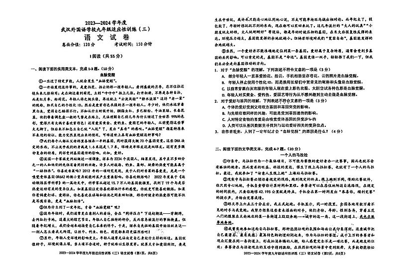 2024年湖北省武汉外国语学校(武汉实验外国语学校)中考适应性训练(三)语文试卷第1页