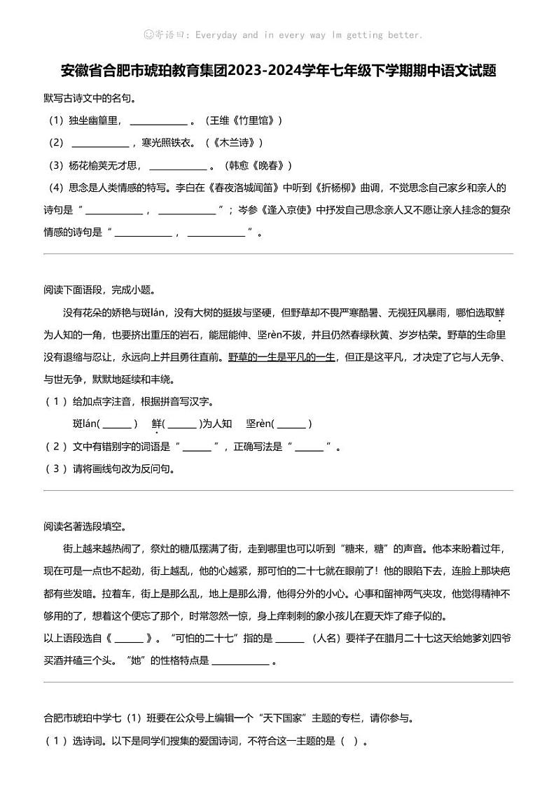 安徽省合肥市琥珀教育集团2023-2024学年七年级下学期期中语文试题01