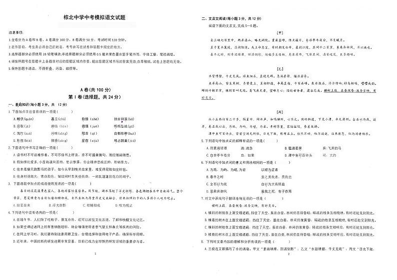 2024年四川省成都市武侯区成都市棕北中学中考三模语文试题第1页