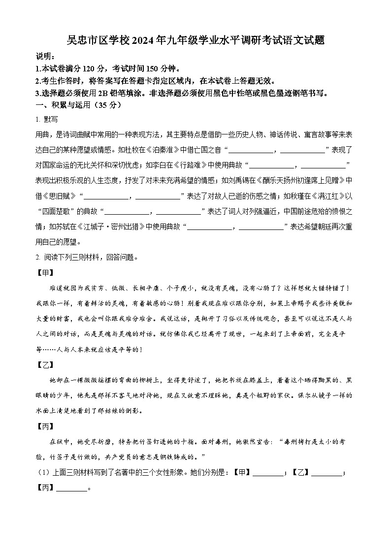 2024年宁夏回族自治区吴忠市中考一模语文试题(学生版)第1页