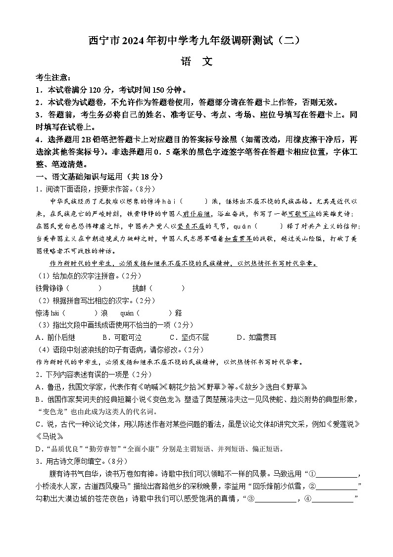 2024年青海省西宁市中考二模语文试题01