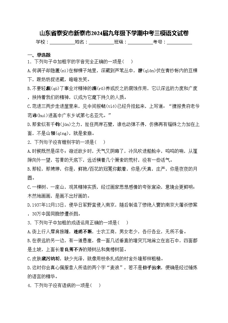 山东省泰安市新泰市2024届九年级下学期中考三模语文试卷(含答案)01