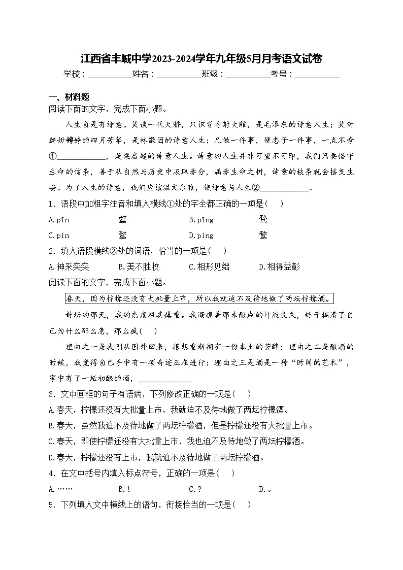 江西省丰城中学2023-2024学年九年级5月月考语文试卷(含答案)第1页