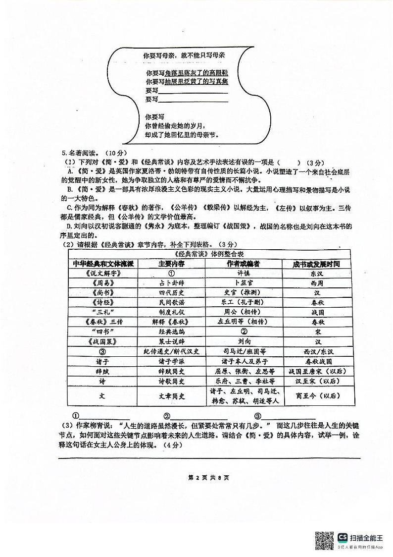 重庆市四川外国语大学附属外国语学校2023-2024学年八年级下学期6月期末语文试题第2页