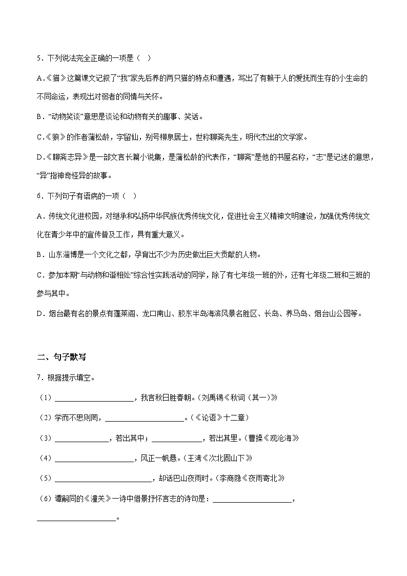 部编版小升初新七年级语文暑假衔接讲义基础强化14(学生版+解析)02