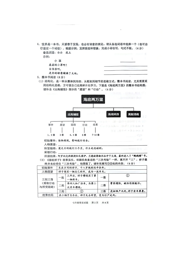 重庆市九龙坡区2023—2024学年七年级下学期期末教育质量监测语文试题第2页