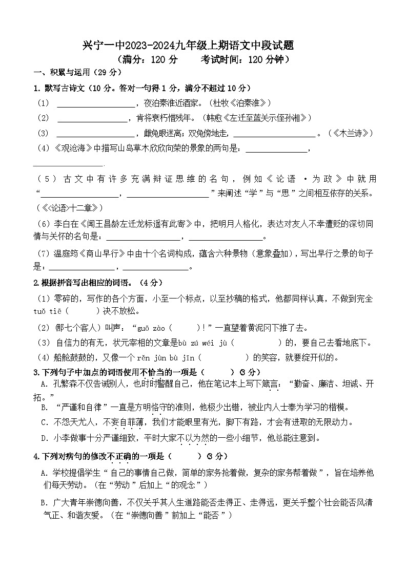 广东省梅州市兴宁第一中学2023-2024学年九年级上学期期中考试语文试题01