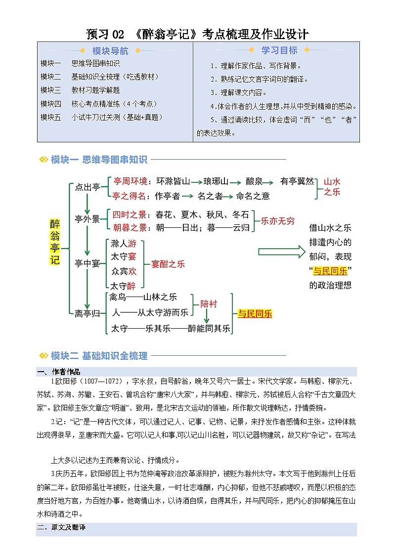 暑期預習 第02講 《醉翁亭記》(教師版)-統(tǒng)編版初中語文八年級(八升九)第1頁