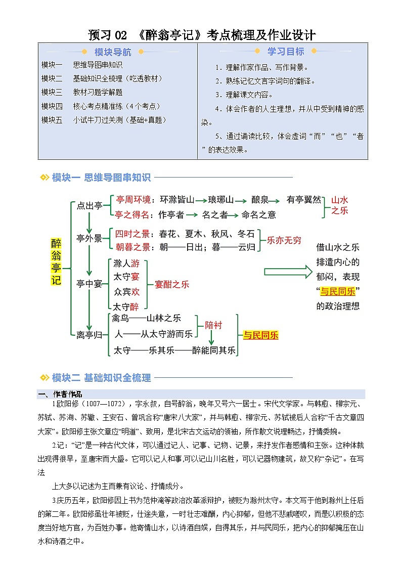 暑期預習 第02講 《醉翁亭記》（學生版）-統(tǒng)編版初中語文八年級（八升九）第1頁