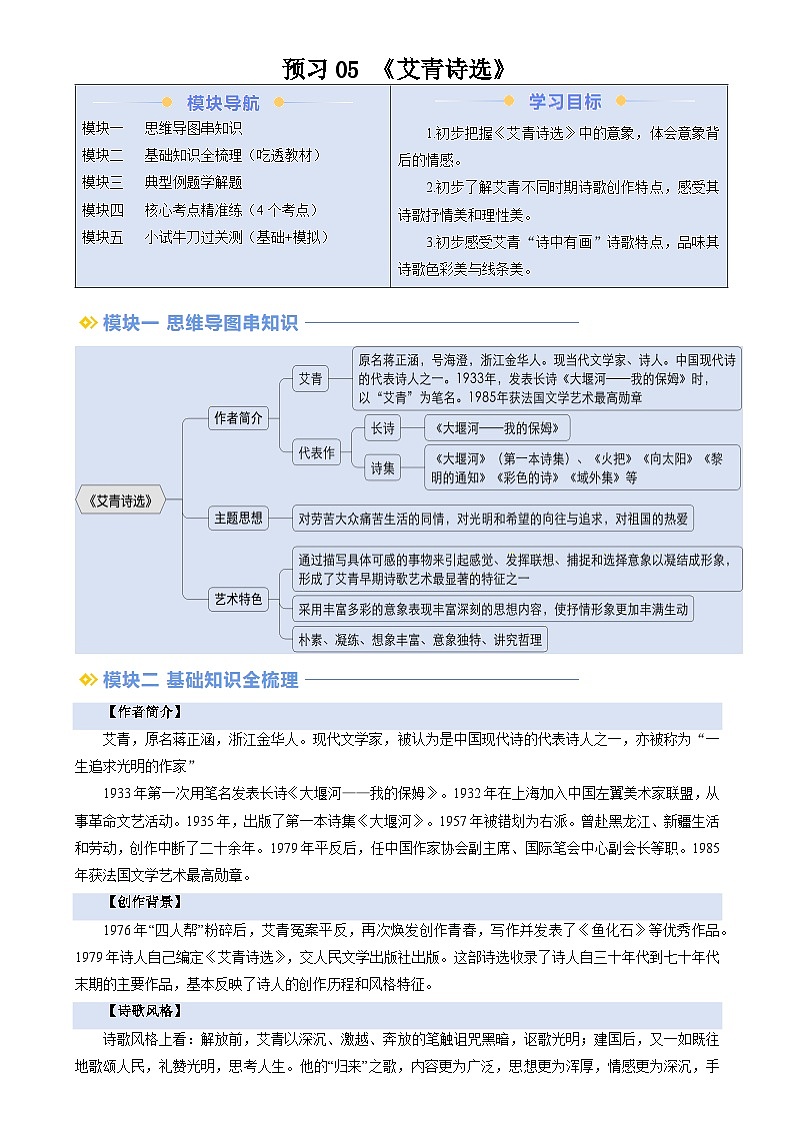 暑期預(yù)習(xí) 第05講 整本書閱讀《艾青詩選》(教師版)-統(tǒng)編版初中語文八年級(jí)(八升九)第1頁