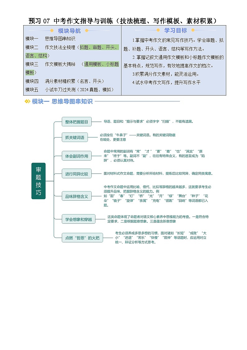 暑期預(yù)習(xí) 第07講 中考作文指導(dǎo)與訓(xùn)練（技法梳理、寫(xiě)作模板、素材積累）（學(xué)生版）-統(tǒng)編版初中語(yǔ)文八年級(jí)（八升九）第1頁(yè)