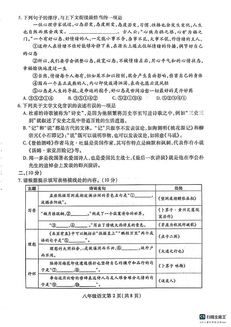 山东省潍坊市潍城区2023-2024学年八年级下学期7月期末语文试题第2页